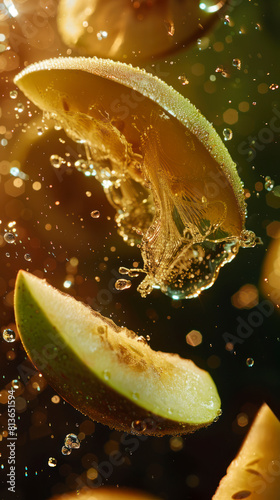Kiwi slices, water droplets, radiant glow backdrop