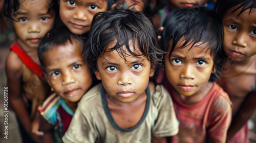 Diverse sad poor hungry children looking at camera