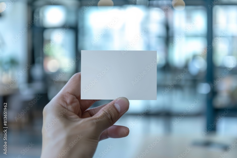 Close-up Hand Holding Blank Business Card in Modern Office Setting Close-up Hand Holding Blank Business Card in Modern Office Setting