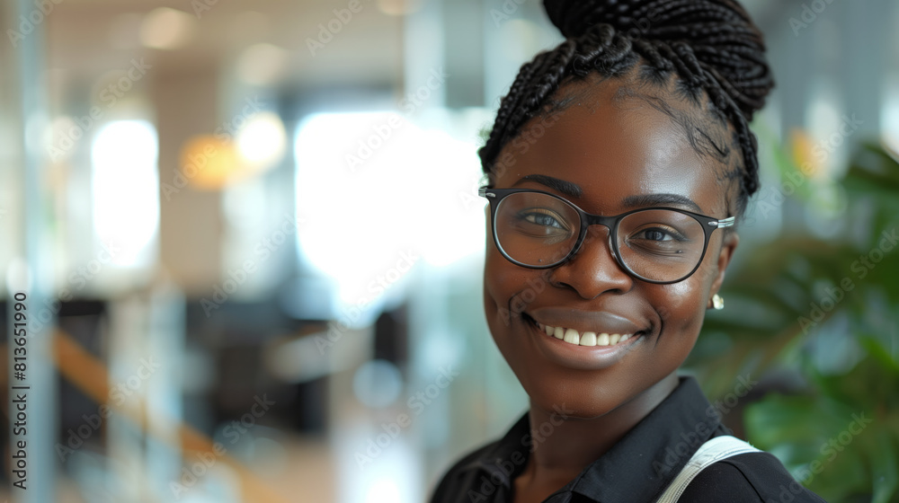 A beautiful young woman stands in the office and smiles, there are many plants behind her