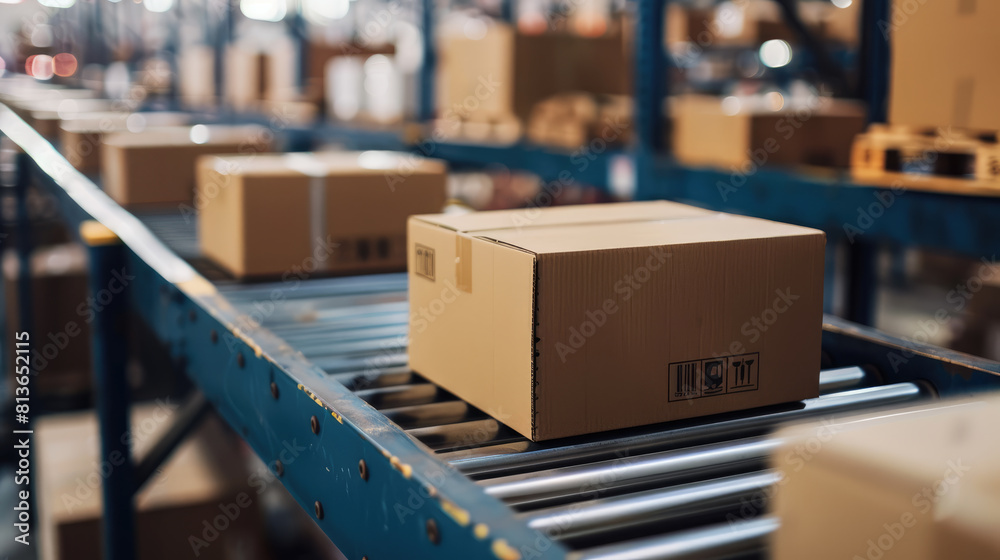 Cardboard boxes on a conveyor belt in a distribution warehouse Cardboard boxes on a conveyor belt in a distribution warehouse