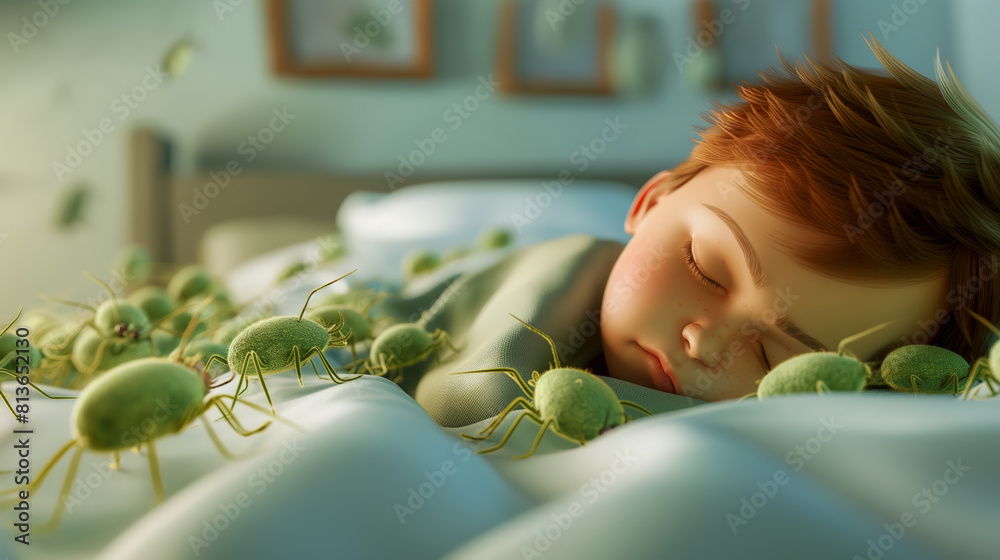 Bed bugs or mites crawling on the bed linen, where child is sleeping ...