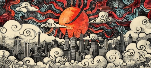 colorful depiction of a city with a large sun in the background photo