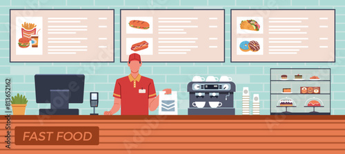 Fast food cash register worker. Cashier in uniform holds paper bag with order, wall mounted display boards with menu, takeaway meal, cartoon flat style isolated nowaday vector concept
