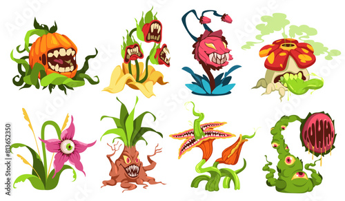 Evil carnivorous plants. Botanical scary monsters, fairytale toothy predatory flora, angry ugly flowers, fantasy characters. Creepy alien cartoon flat isolated illustration, tidy vector set