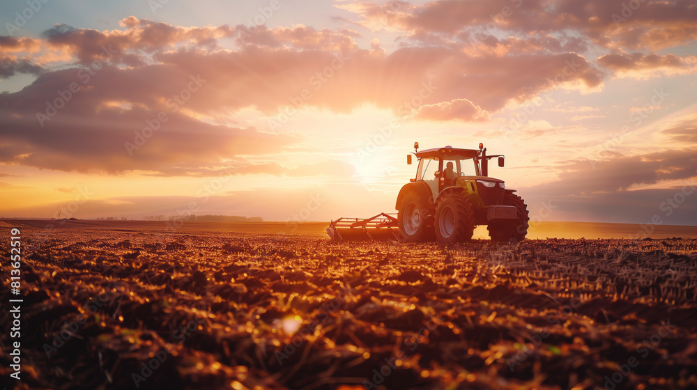 Fototapeta premium A red combine harvester drives through a field and collects wheat at sunset