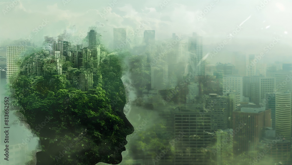 Urban oasis: apocalyptic double exposure with man and nature fusion
