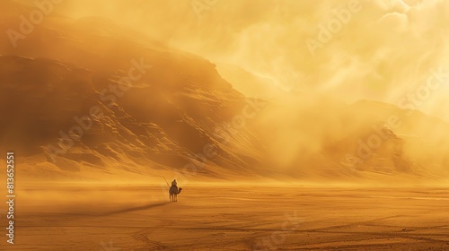 This image shows a lonely traveler riding a camel through a vast desert. photo