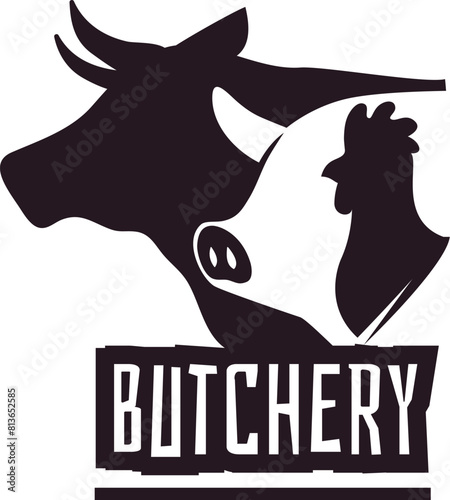 Butcher logo. Logotype design with black silhouettes, cow pig and rooster, animal portrait. Meat barbecue packaging emblem, shop badge. Premium quality product. Isolated vector illustration © YummyBuum