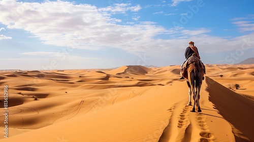 This image shows a man riding a camel in the middle of a vast desert. The man is wearing traditional clothing and the camel is walking slowly.