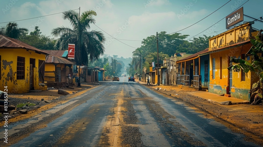 Quiet Morning in a Sleepy Tropical Town Capturing the Essence of Gambia