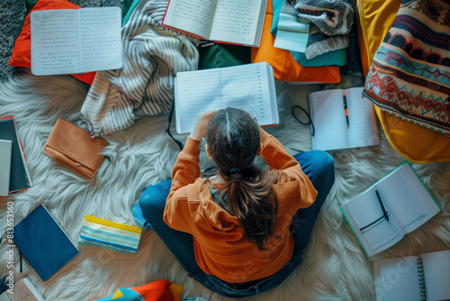 Student Studying Surrounded by Books and Notes
