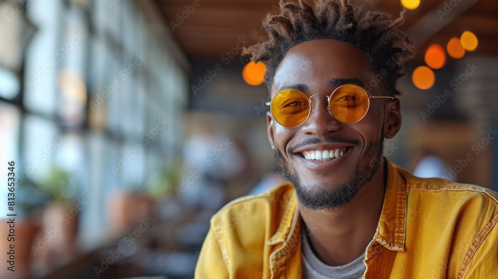 Young African American Man with a Bright Smile Wearing Yellow Jacket and Round Sunglasses Young African American Man with a Bright Smile Wearing Yellow Jacket and Round Sunglasses
