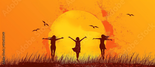 Silhouette of friends having fun on field in front of a sunset. Happy friendship day