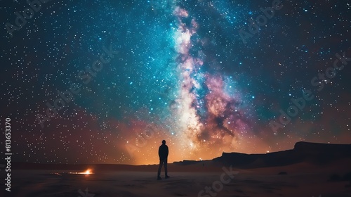 The image is of a person standing in a vast desert at night, looking up at a starry sky.