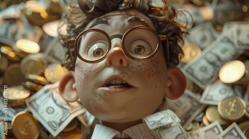 3D rendering of a boy drowning in a sea of money. photo