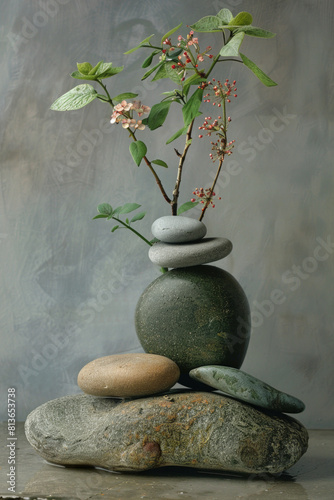 A tranquil still life featuring an arrangement of river pebbles  with their smooth surfaces and muted colors arranged in a simple yet captivating composition.