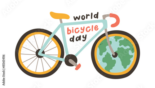World Bicycle Day 3 June with bike and planet Earth. Can be used for poster, banner, background and wallpaper. © spirka.art