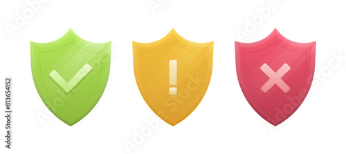 3d shield with check mark, exclamation mark and cross mark label. Yes or No, Dos or Donts, Approved or Rejected, Protected or Unprotected. Design concept for web and mobile apps. Vector illustration