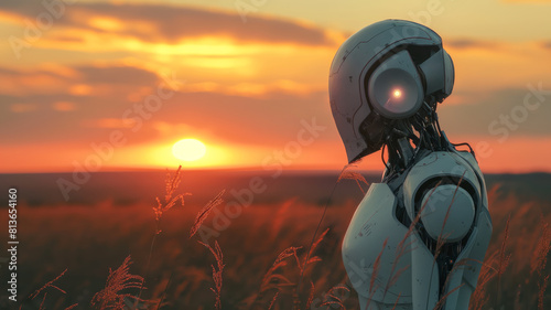 Futuristic robot gazing at sunset in a serene field