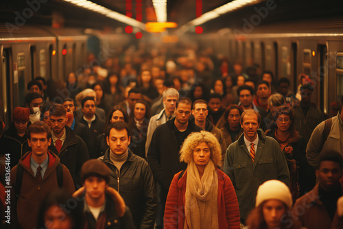 Crowded subway station during rush hour with diverse commuters photo