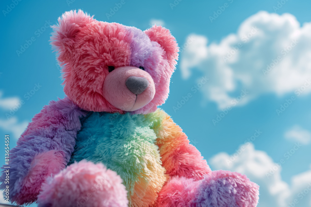 Colorful teddy bear under blue sky with fluffy clouds Colorful teddy bear under blue sky with fluffy clouds