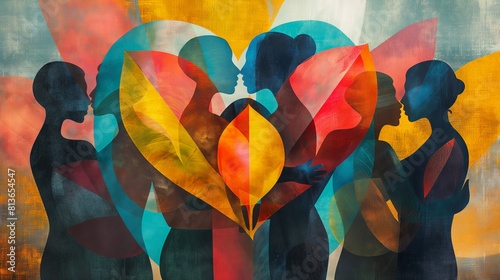 United embrace: heartleaf cubism - vintage-style poster illustration photo