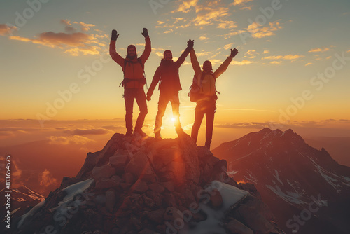 Friends celebrating success on a mountain peak at sunset