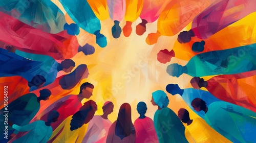 People of different colors holding hands in a circle around a bright light. photo