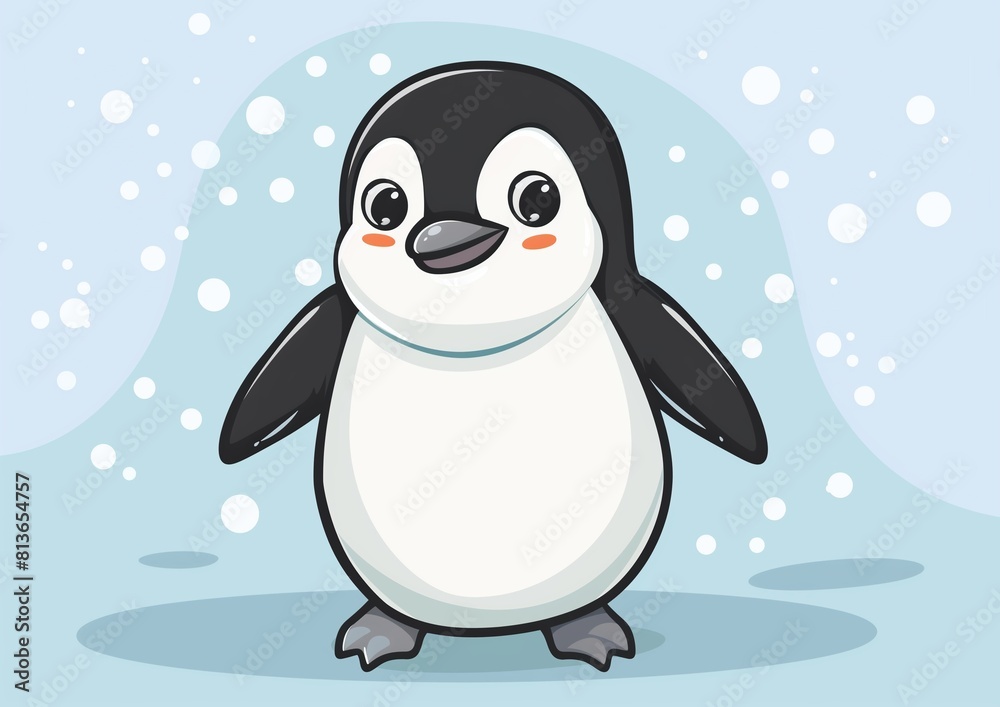 Obraz premium Cute Cartoon Penguin Standing in Snowy Landscape Illustration