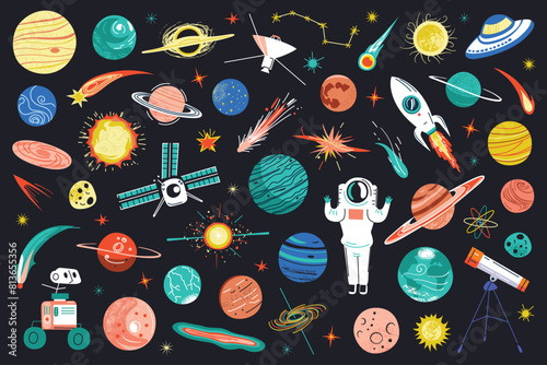 Space doodles collection, planets, stars and shuttle icons, vector illustrations of solar system, satellite and rocket, cute childish design for astronomy book, science collection, universe drawings