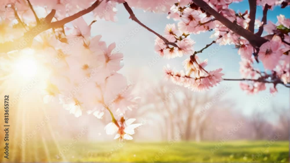 spring beautiful background with cherry blossom and sun rays