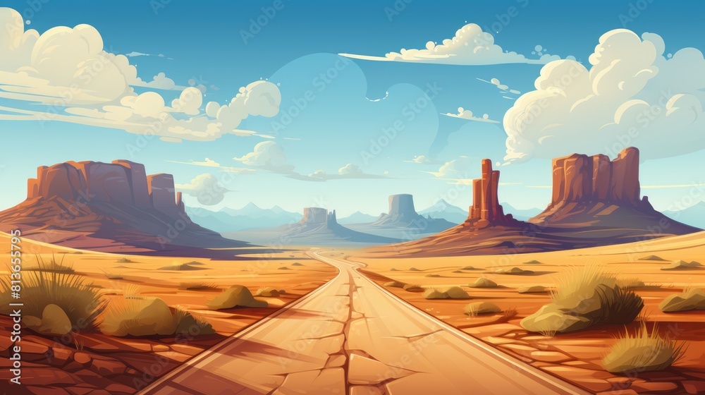 Epic road trip cartoon illustration - Generative AI. Road, sunset, mountain, pines.