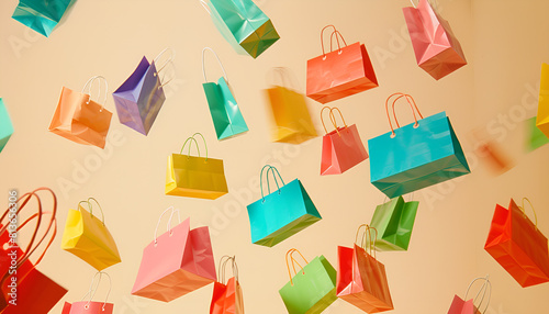 Colorful shopping bags falling on beige background