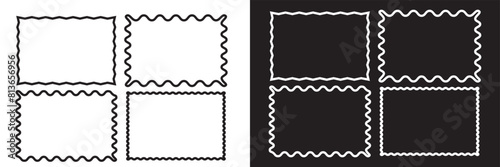 Set of rectangle frames with wavy edges. Rectangular shapes with wiggly borders. Picture or photo frames, empty text boxes, tags, labels isolated on white and black background. Vector illustration.EPS