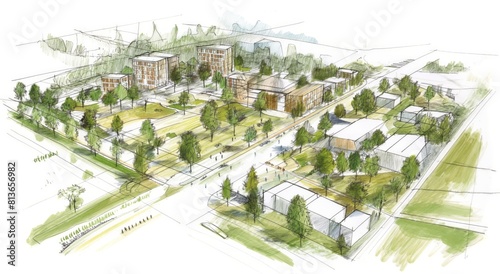 Eco-urban masterplan concept - sustainable architecture design sketch photo