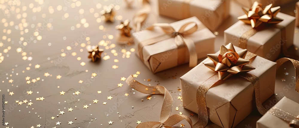 Warm beige presents, gold ribbons around, on a beige themed background, complemented by scattered gold stars Warm beige presents, gold ribbons around, on a beige themed background, complemented by scattered gold stars