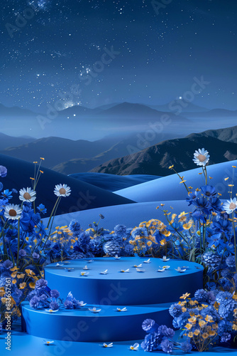 blue cylinder pedestal podium for product presentation against the background of mountains.