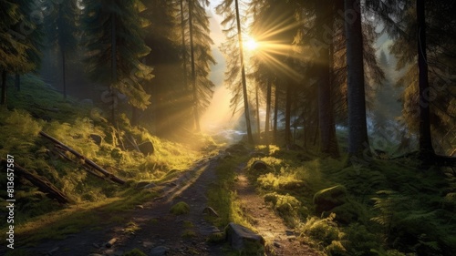 Yellow sunlight streaming through a forest path  highlighting the green foliage and peaceful atmosphere. The bright warming sunlight shine in to the forest through tree create calm atmosphere. AIG35.