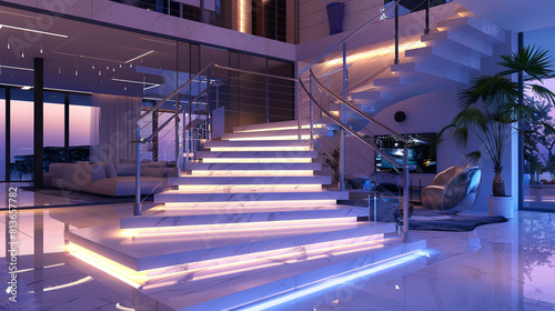 High-tech home with a staircase integrating smart lighting and digital displays within the steps, complemented by a modernist metal railing. photo