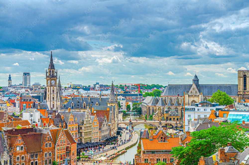 Obraz premium Ghent cityscape, aerial panoramic view of Ghent historical city centre with old traditional buildings, Gent skyline horizon, panorama of Gent old town, East Flanders province, Flemish region, Belgium