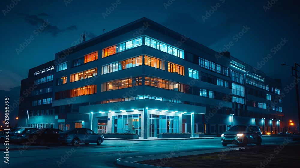 A hospital building at night, lit to showcase its role as a center for advanced medical care and emergency services