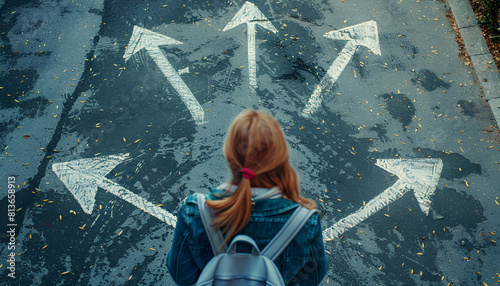 Choosing future profession. Girl standing in front of drawn signs on asphalt, top view. Arrows pointing in different directions as diversity of opportunities