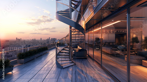 Luxe penthouse with a spiral staircase encased in glass, leading up to a rooftop terrace with panoramic city views. photo