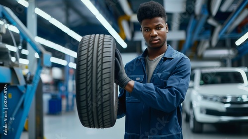Mechanic Holding a Car Tire photo