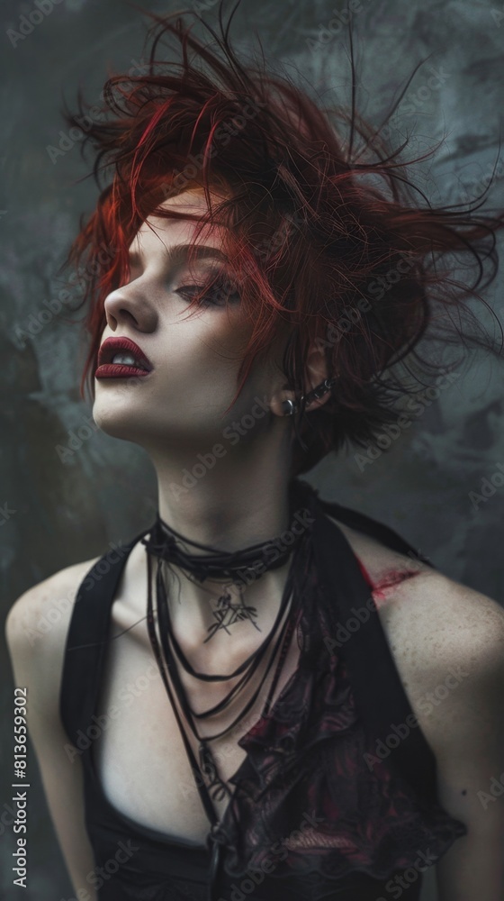 Gothic woman with red hair and piercings posing for a picture Gothic woman with red hair and piercings posing for a picture