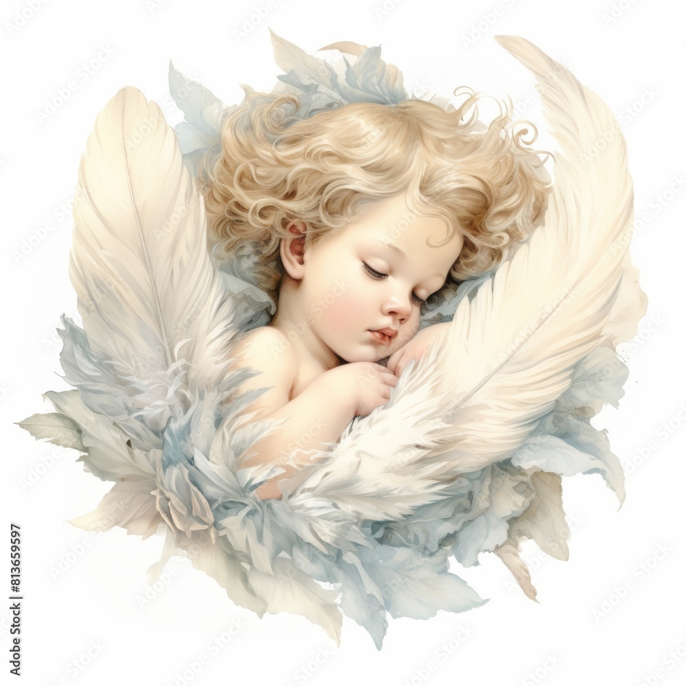 A dreaming baby cherub rests on a soft feather, surrounded by an ethereal glow, depicted in a detailed vintage watercolor style against a white background. A dreaming baby cherub rests on a soft feather, surrounded by an ethereal glow, depicted in a detailed vintage watercolor style against a white background.
