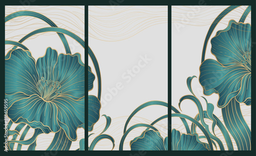 Elegant prestigious Art Deco background template with flowers. The design luxury is made for Art Deco motif with green and gold colors.