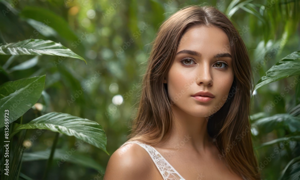 Portrait of a beautiful pretty model girl against the bokeh background of a tropical forest or jungle. Generative AI Portrait of a beautiful pretty model girl against the bokeh background of a tropical forest or jungle. Generative AI