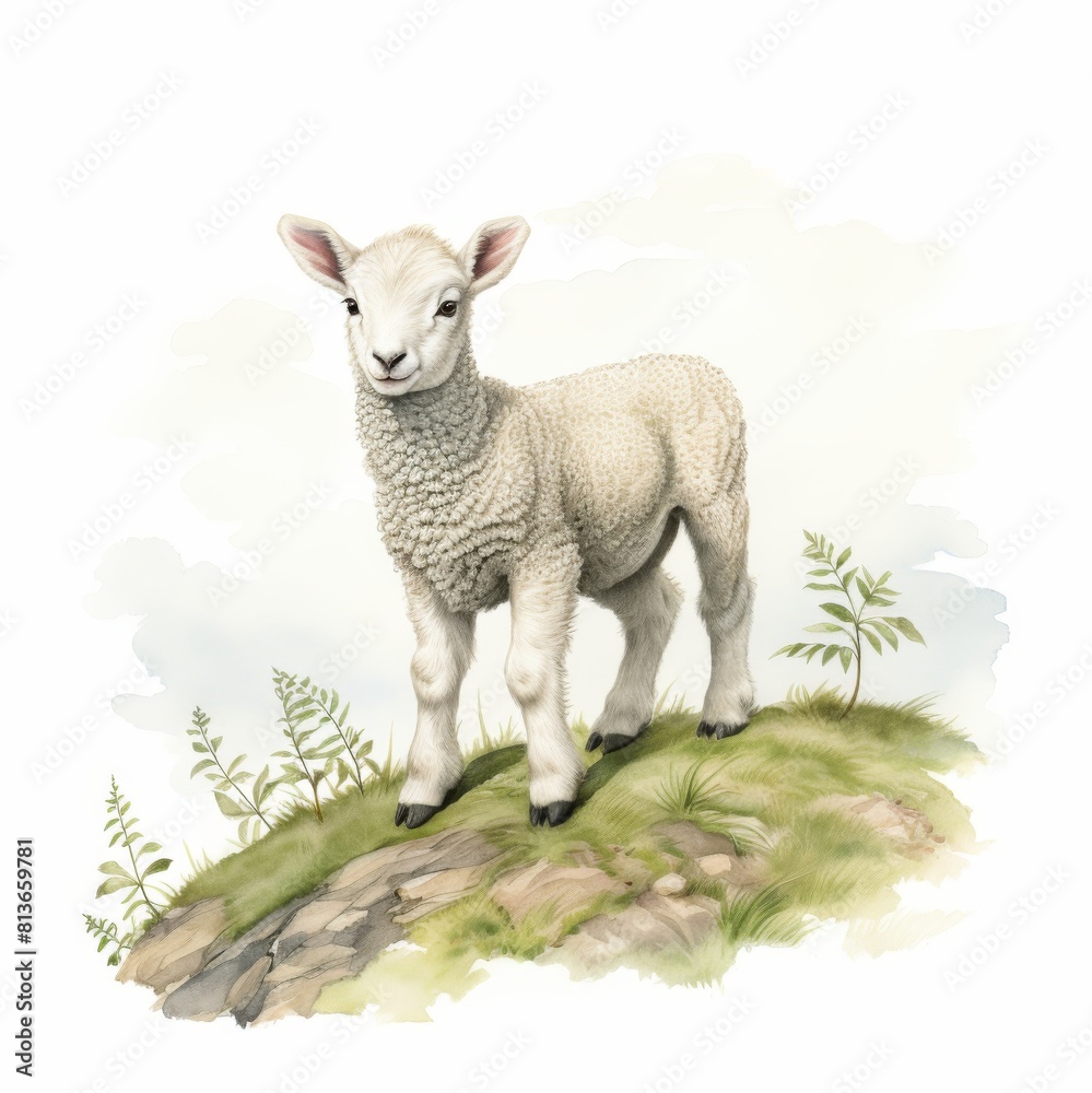 Obraz premium Beautifully detailed watercolor illustration of a young lamb standing on a grassy hill under a soft sky, isolated on white background